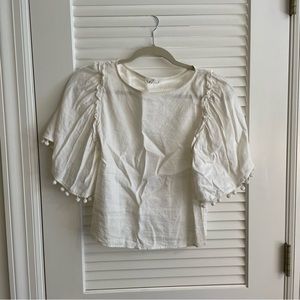 Club Monaco White Pompom Sleeve Top